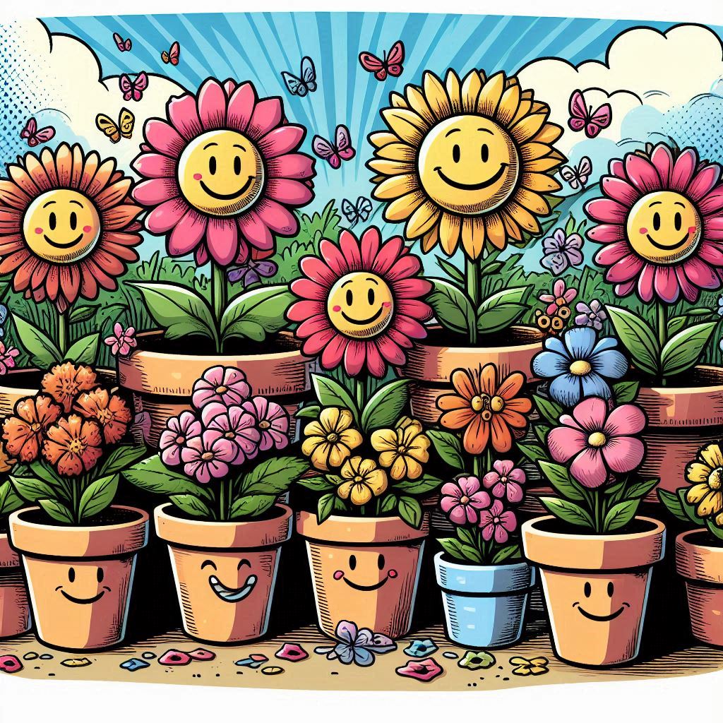 panoramic comic style illustration with smiling flowers in pots, adding more pots